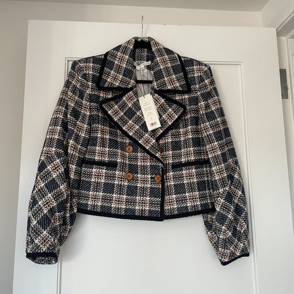 Veronica Beard Aise Cropped Jacket Textured Plaid Ink Multi Oversized Lapels - Picture 7 of 10
